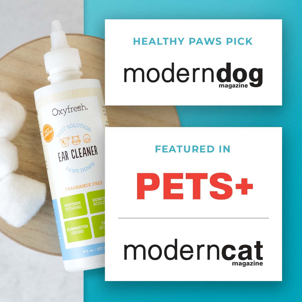 Oxyfresh Advanced Pet Ear Cleaner tilted bottle facilitates convenient, straightforward use