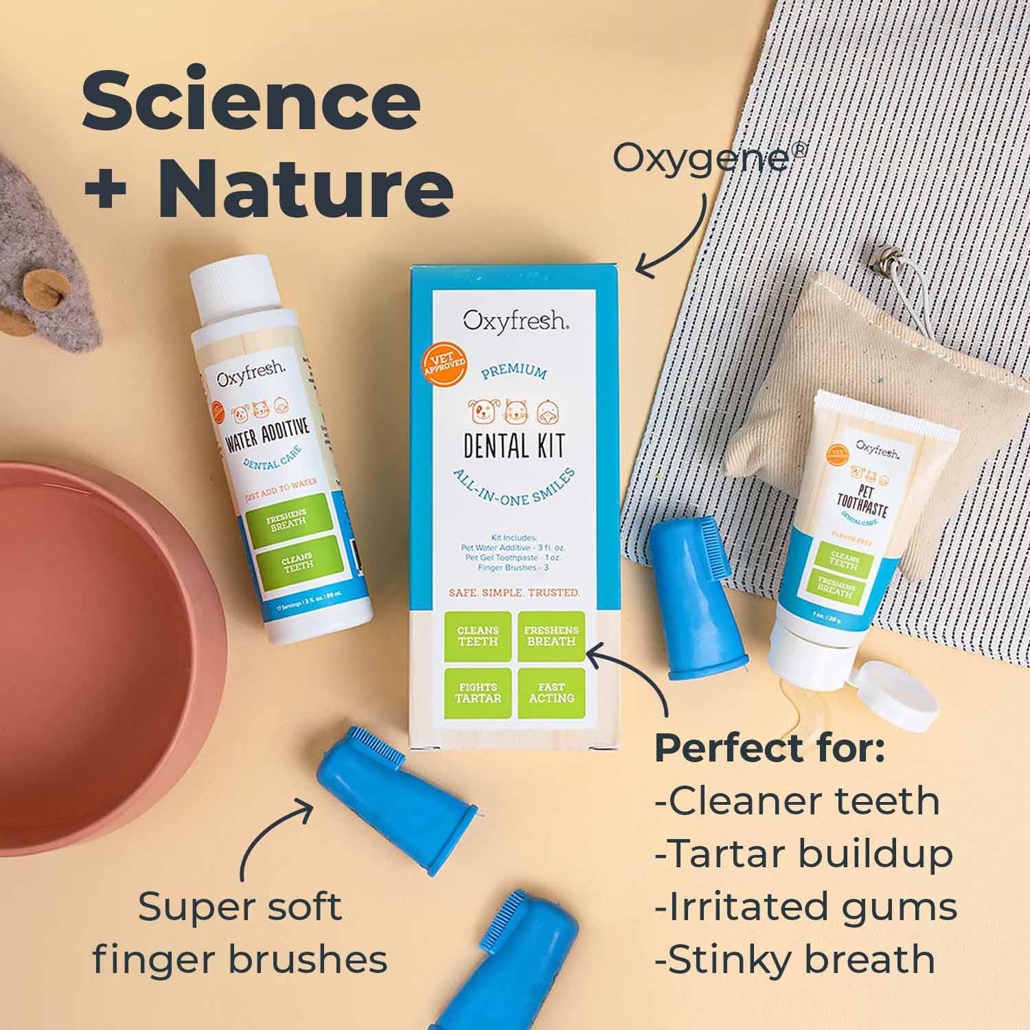 Oxyfresh finger brushes in the kit for gentle, stress free brushing