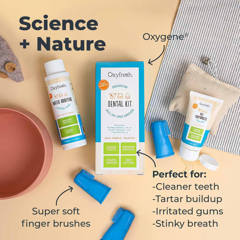 Oxyfresh finger brushes in the kit for gentle, stress free brushing