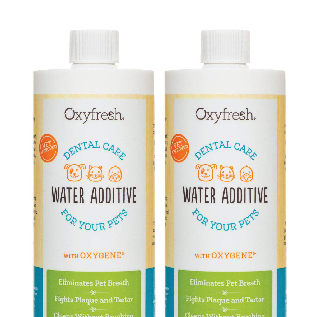 Oxyfresh Pet Dental Water Additive bottle shown with clear formula for easy daily use and fresher breath