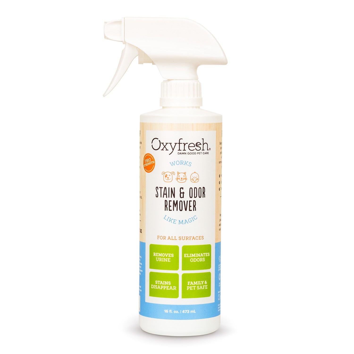 Oxyfresh Pet Stain & Odor Remover bottle showing the product and label benefits