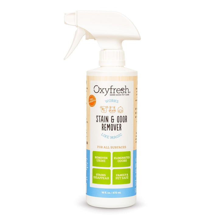 Oxyfresh Pet Stain & Odor Remover bottle showing the product and label benefits