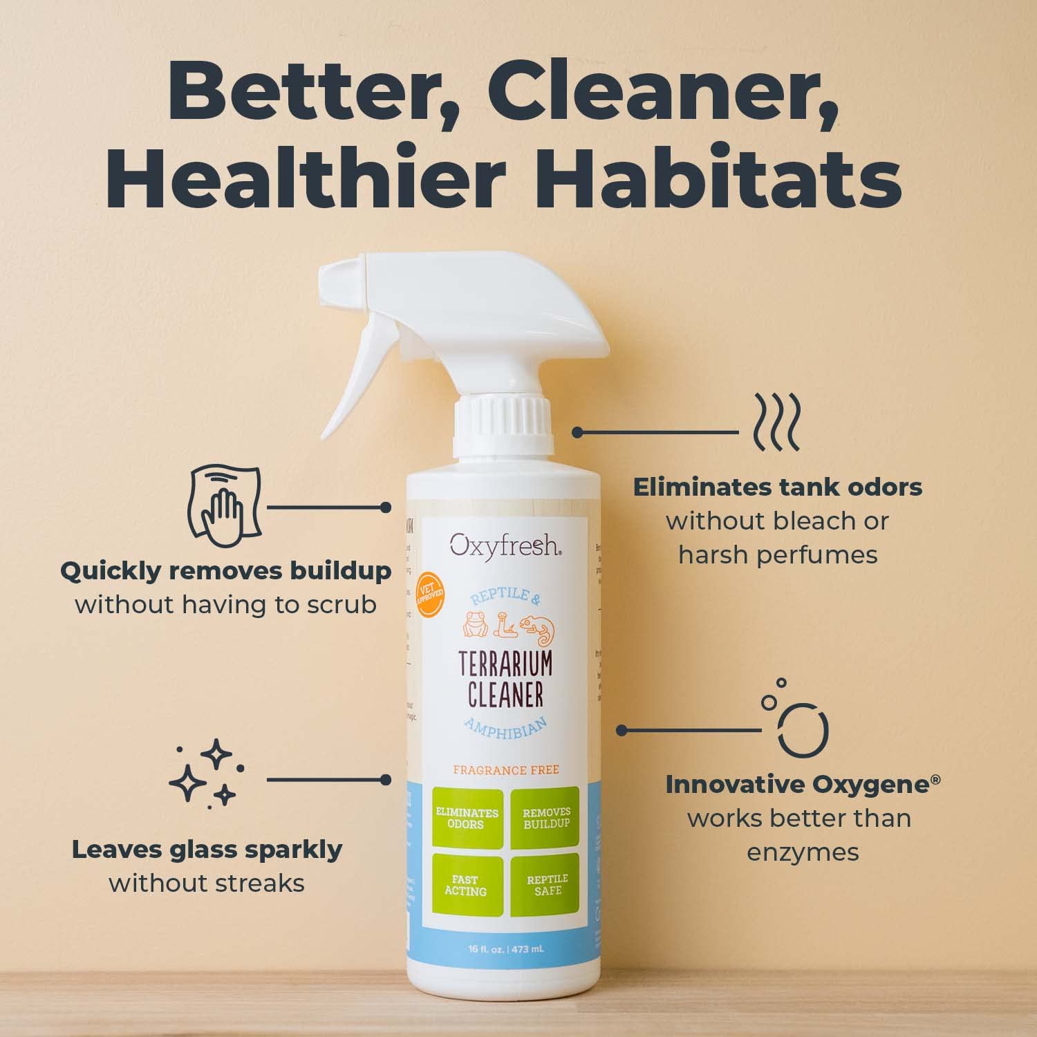 Oxyfresh Terrarium Cleaner in use eliminates odors in reptile enclosures