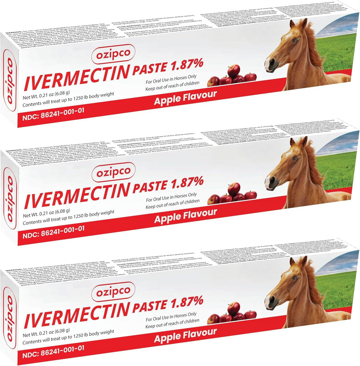 OZIPCO ivermectin horse paste with apple flavor in packaging and syringe for convenient dosing.