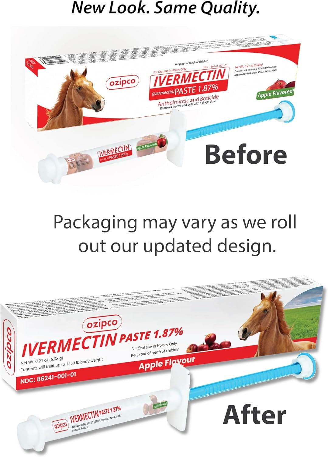 OZIPCO ivermectin 6.08 g tube pre-measured for horses up to 1250 lb.