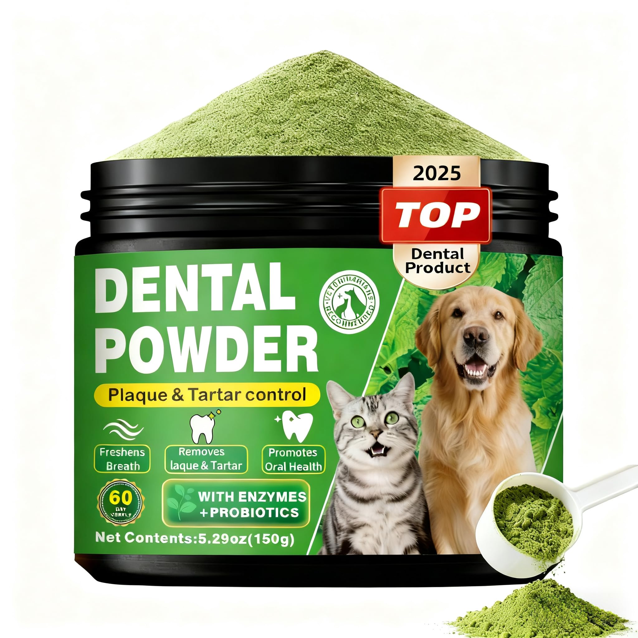 OZOXOO dog dental powder bottle shows 60-day supply for fresh breath.