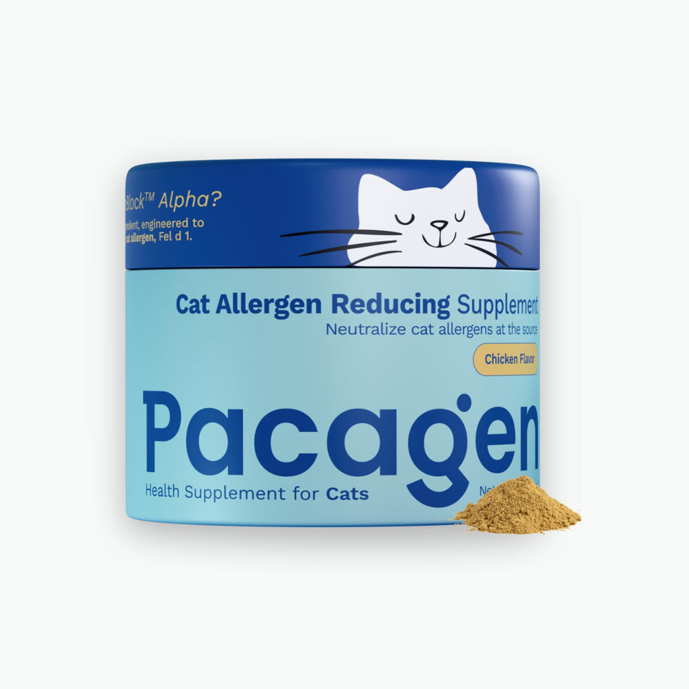 Pacagen bottle with scoop showing easy twice-daily dosing for cat allergen reduction.