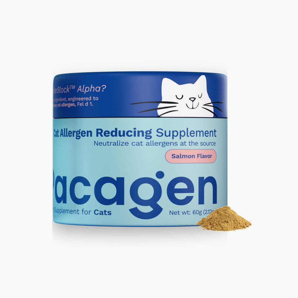 Pacagen cat allergen reducing health supplement bottle on counter for daily use.