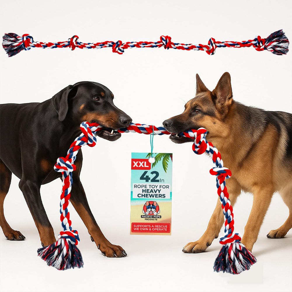 Pacific Pups durable XL dog toy red rope stands up to rough play.