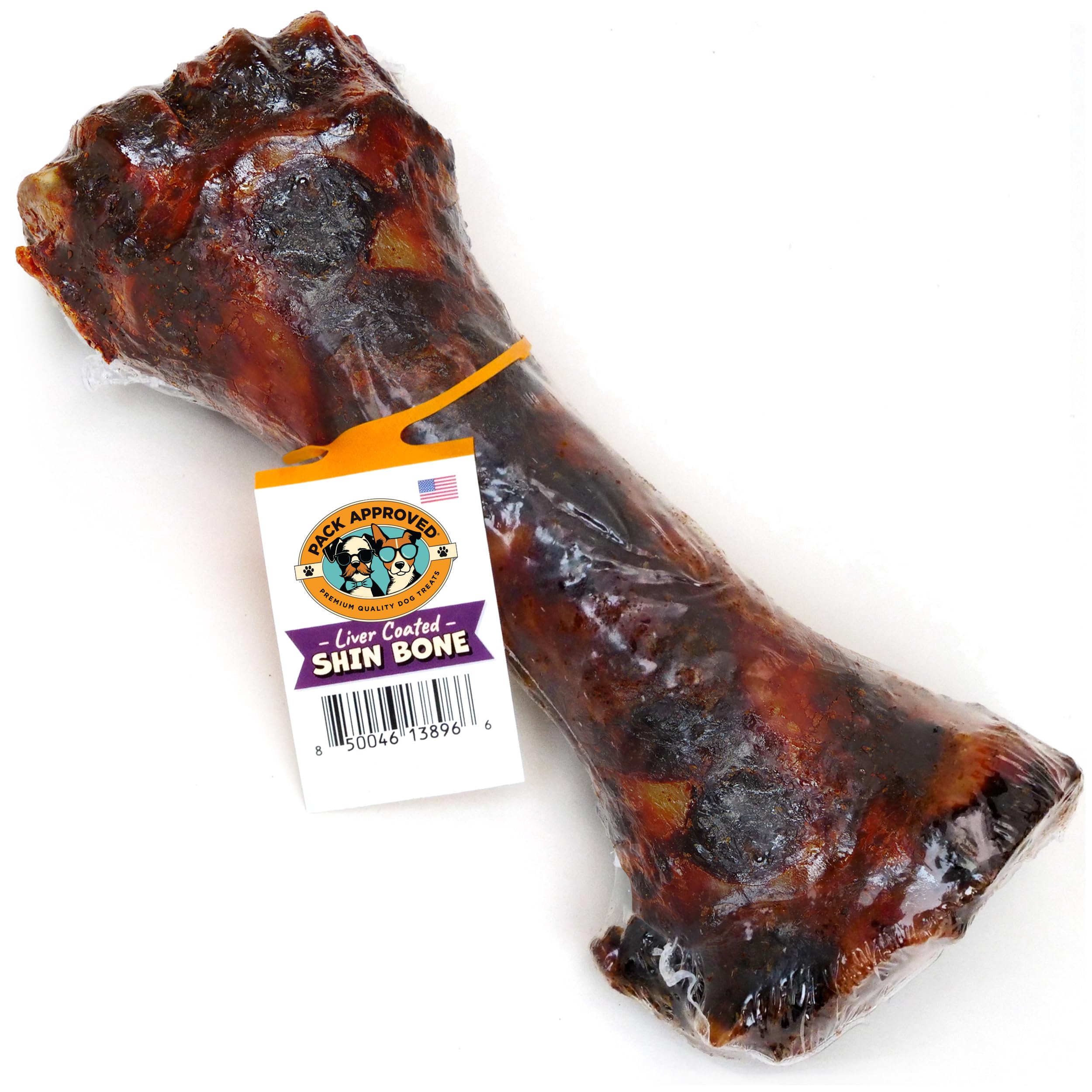 Pack Approved Beef Shin Bone with liver coating, a long lasting chew for aggressive chewers