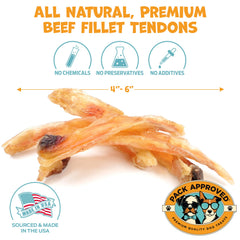 Closeup of Pack Approved beef tendon chew showing texture and quality