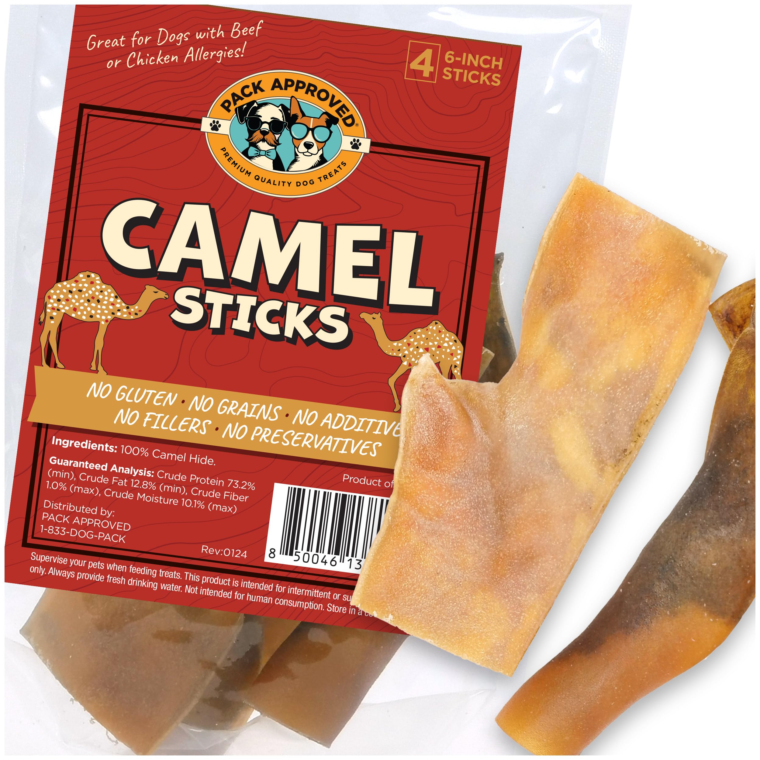 Pack Approved Camel Skin Dog Chews packaging highlights quality and convenience.