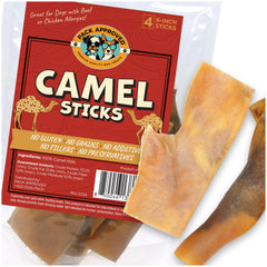 Pack Approved Camel Skin Dog Chews packaging highlights quality and convenience.
