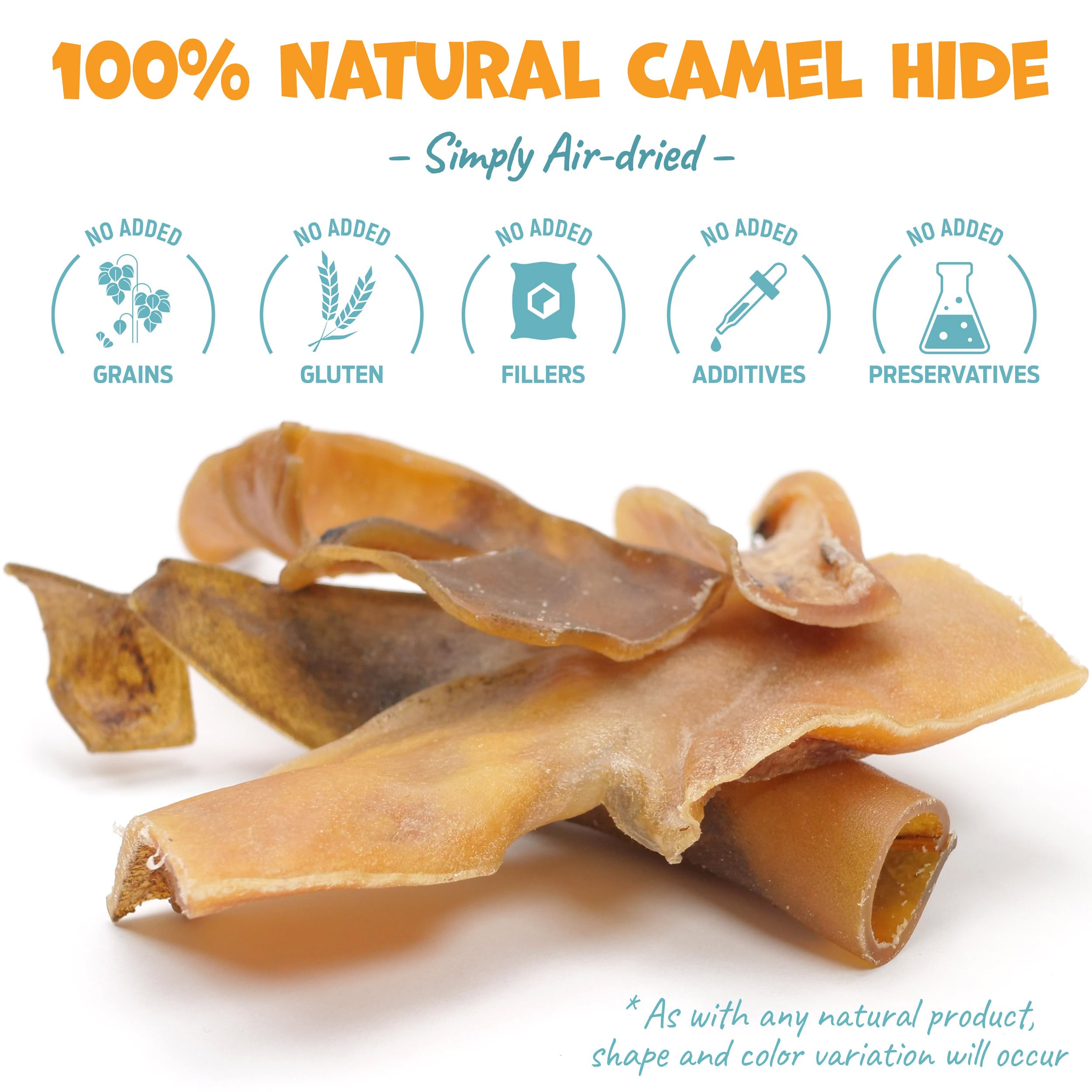 Pack Approved Camel Skin Dog Chews tough-stick illustrates durability for aggressive chewers.