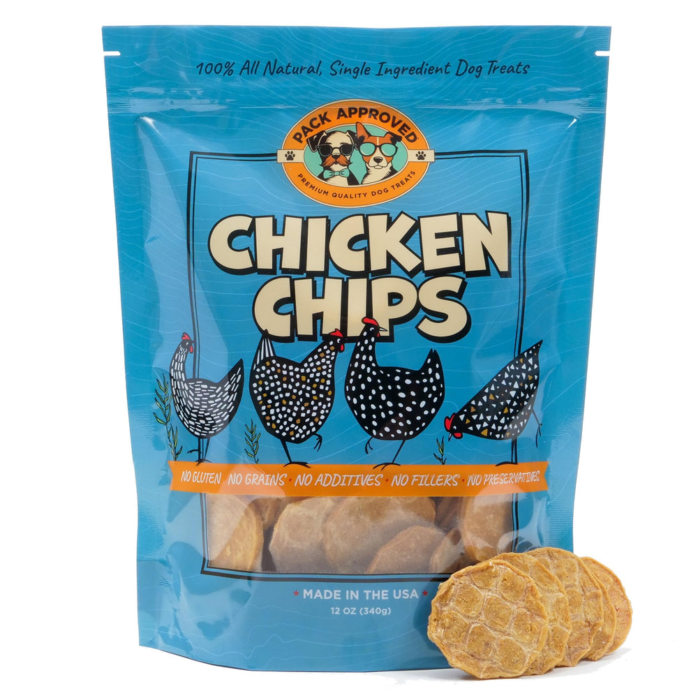 Pack Approved Chicken Chips bag: single-ingredient dog treat ideal for training rewards