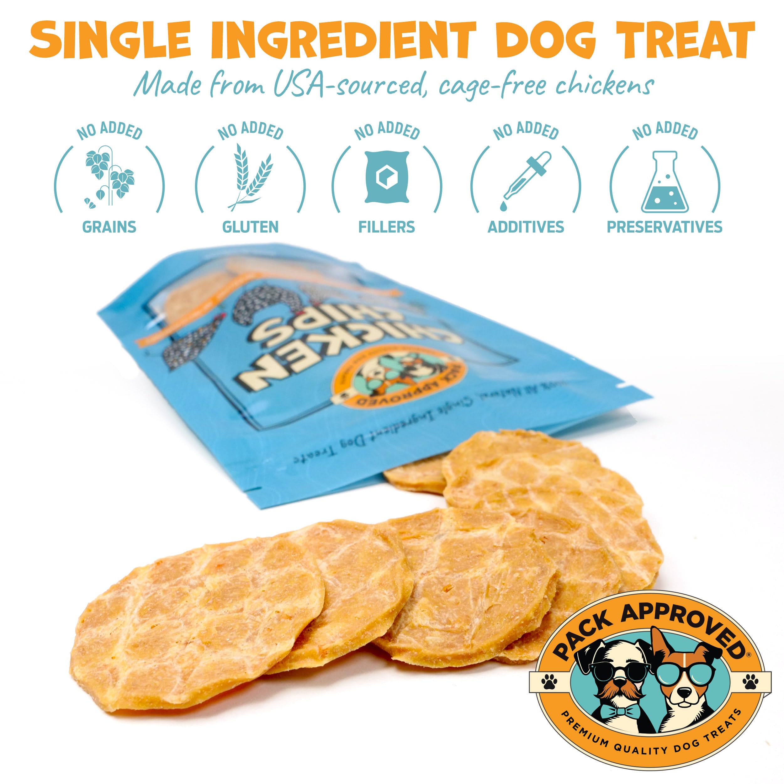 Pack Approved Chicken Chips close-up: crispy texture dogs love for tasty snacking