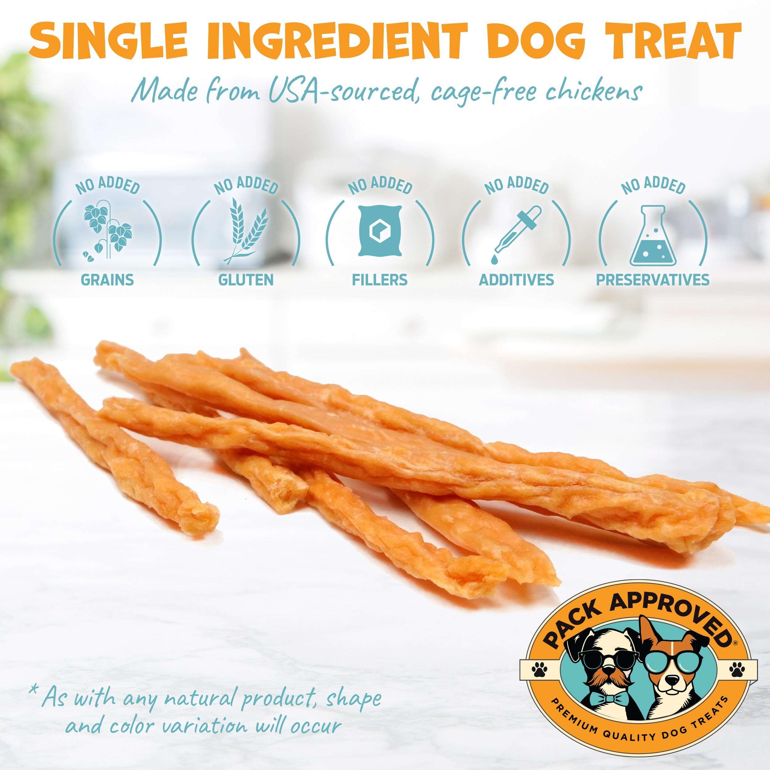 Pack Approved dehydrated chicken jerky shown on counter.