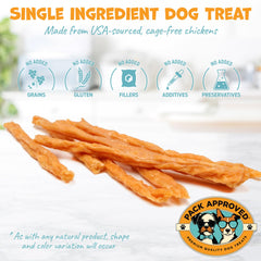 Pack Approved dehydrated chicken jerky shown on counter.