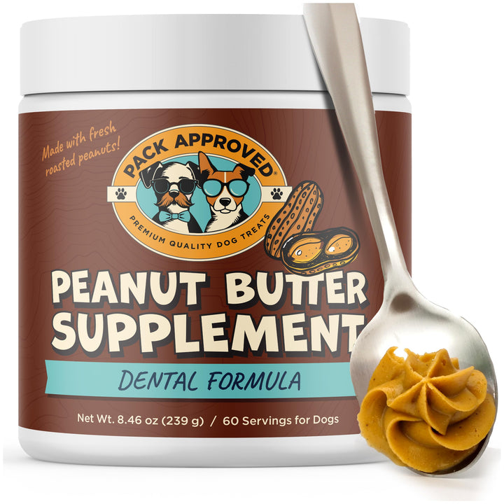 Pack Approved dog peanut butter with ocean kelp poured to support oral care.