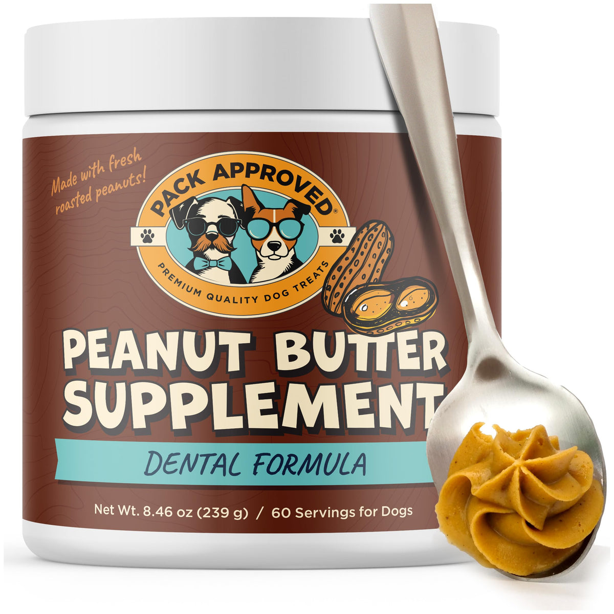 Pack Approved dog peanut butter with ocean kelp poured to support oral care.