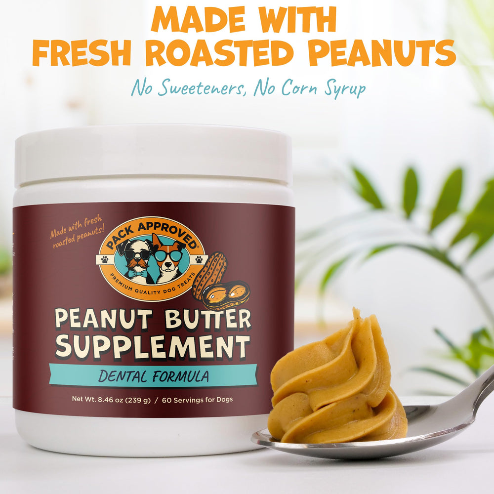 Pack Approved USA-made dog peanut butter badge on the jar label.