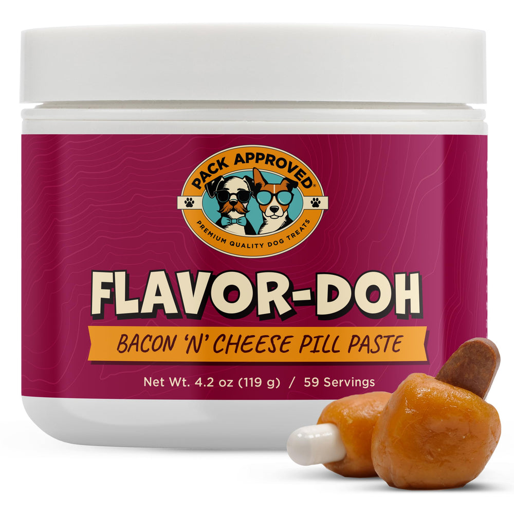 Pack Approved Flavor-Doh bacon and cheese wrap around a pill for a dog-safe treat