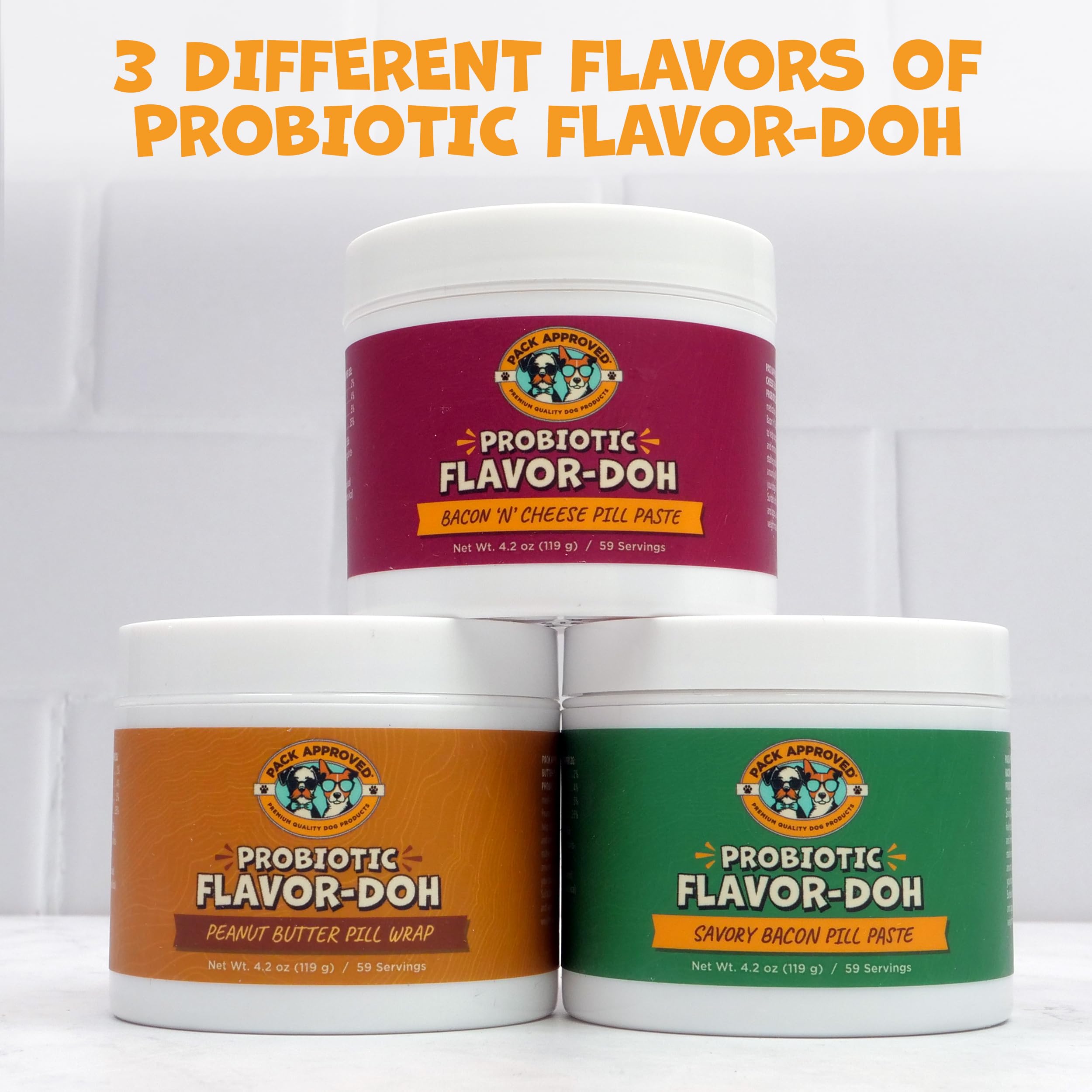 Pack Approved Flavor-Doh probiotics label highlights digestive support and flavor
