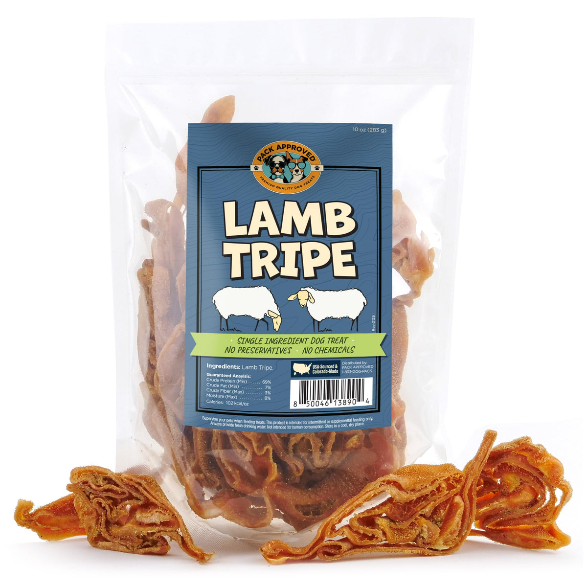 Pack Approved Lamb Tripe single-ingredient treats arranged for training rewards.