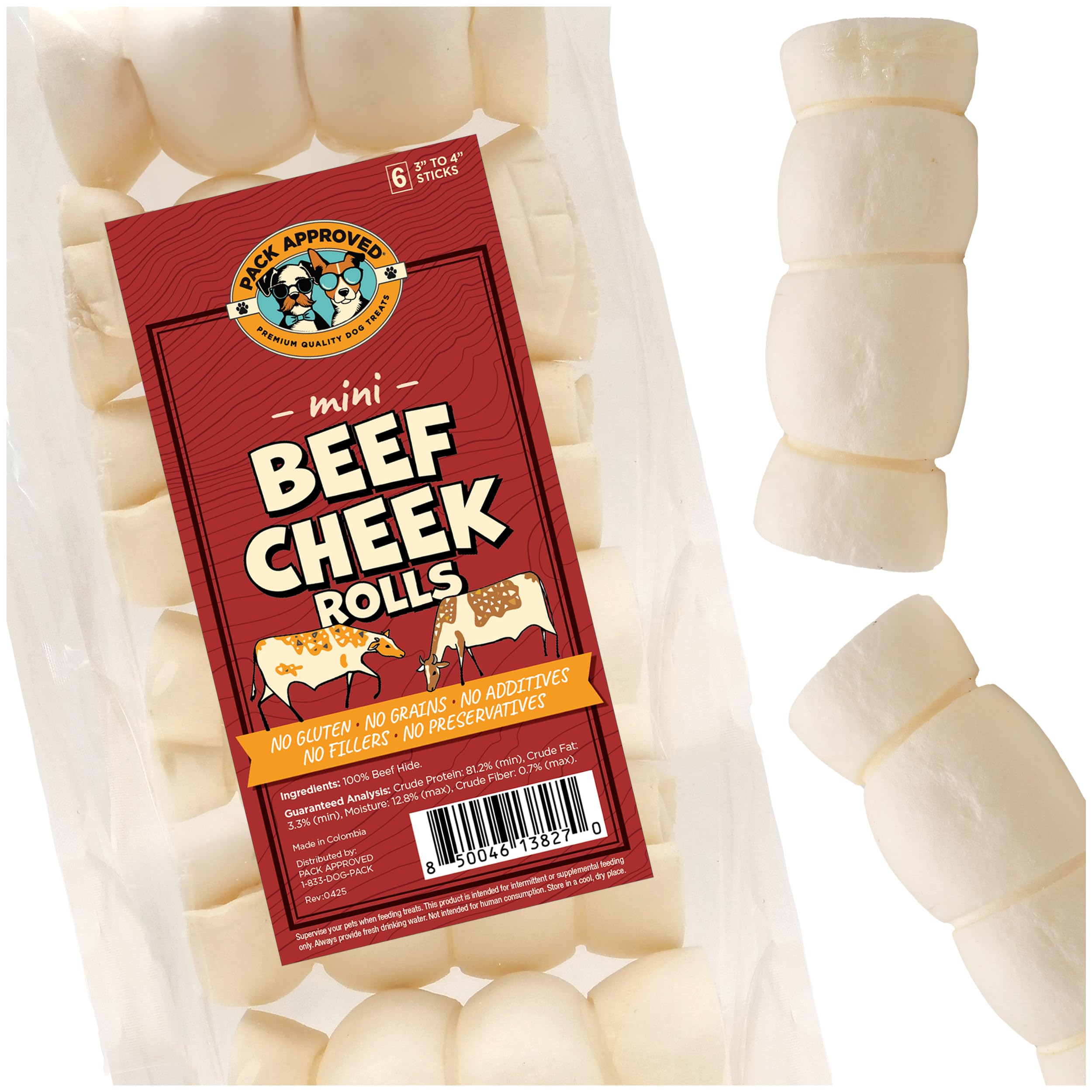 Pack Approved mini beef cheek rolls close-up showing natural chew for dogs.