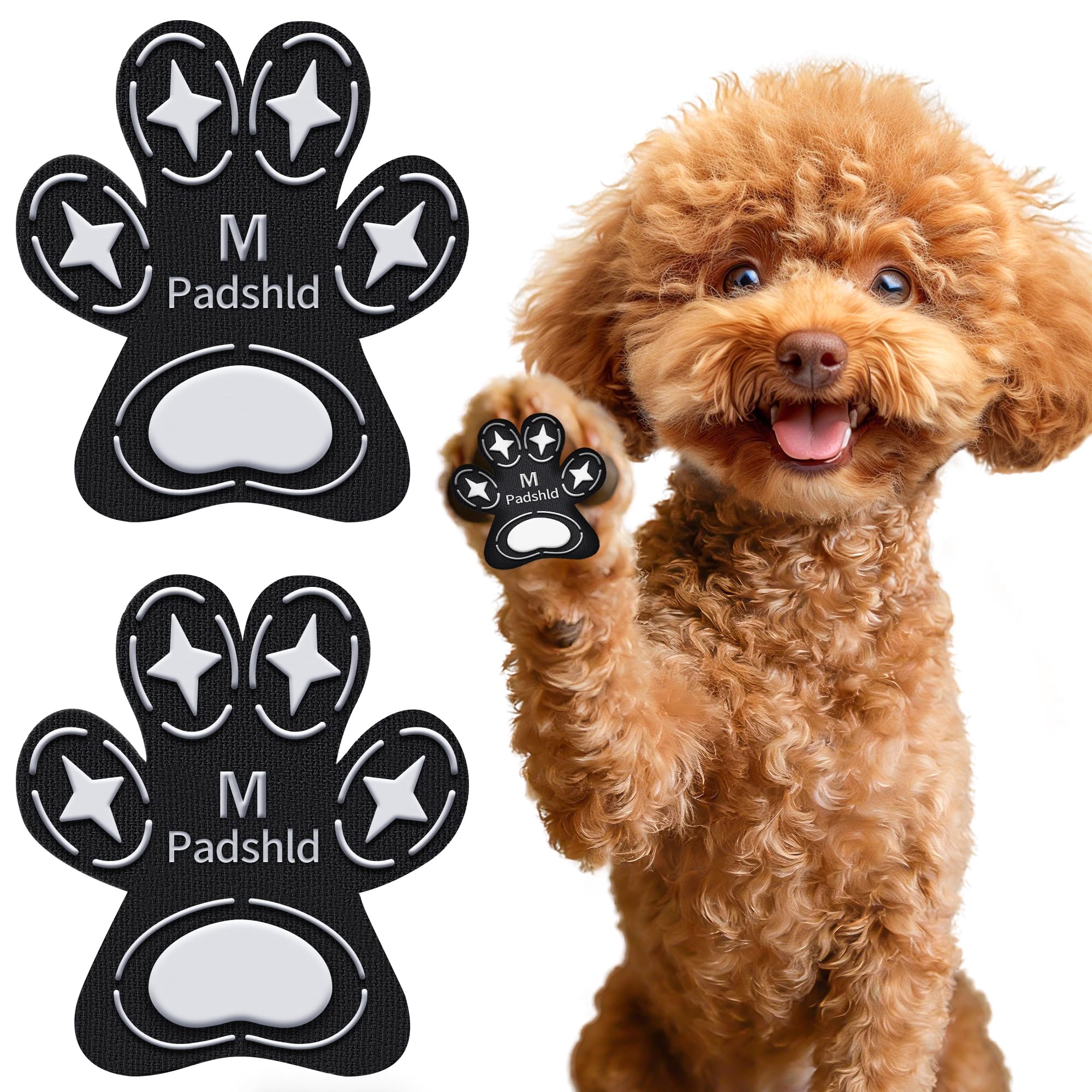 Padshld dog paw protectors with traction grips on hardwood floors for stable footing.