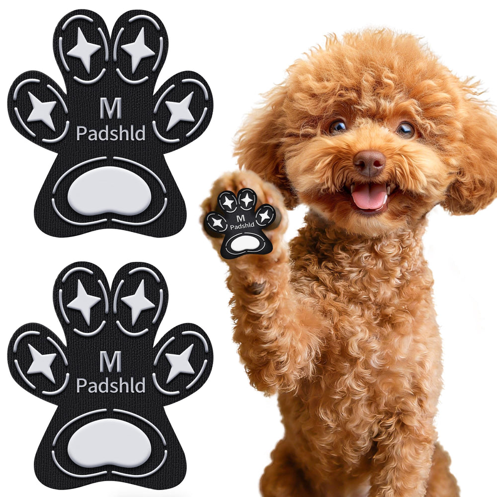 Padshld dog paw protectors with traction grips on hardwood floors for stable footing.