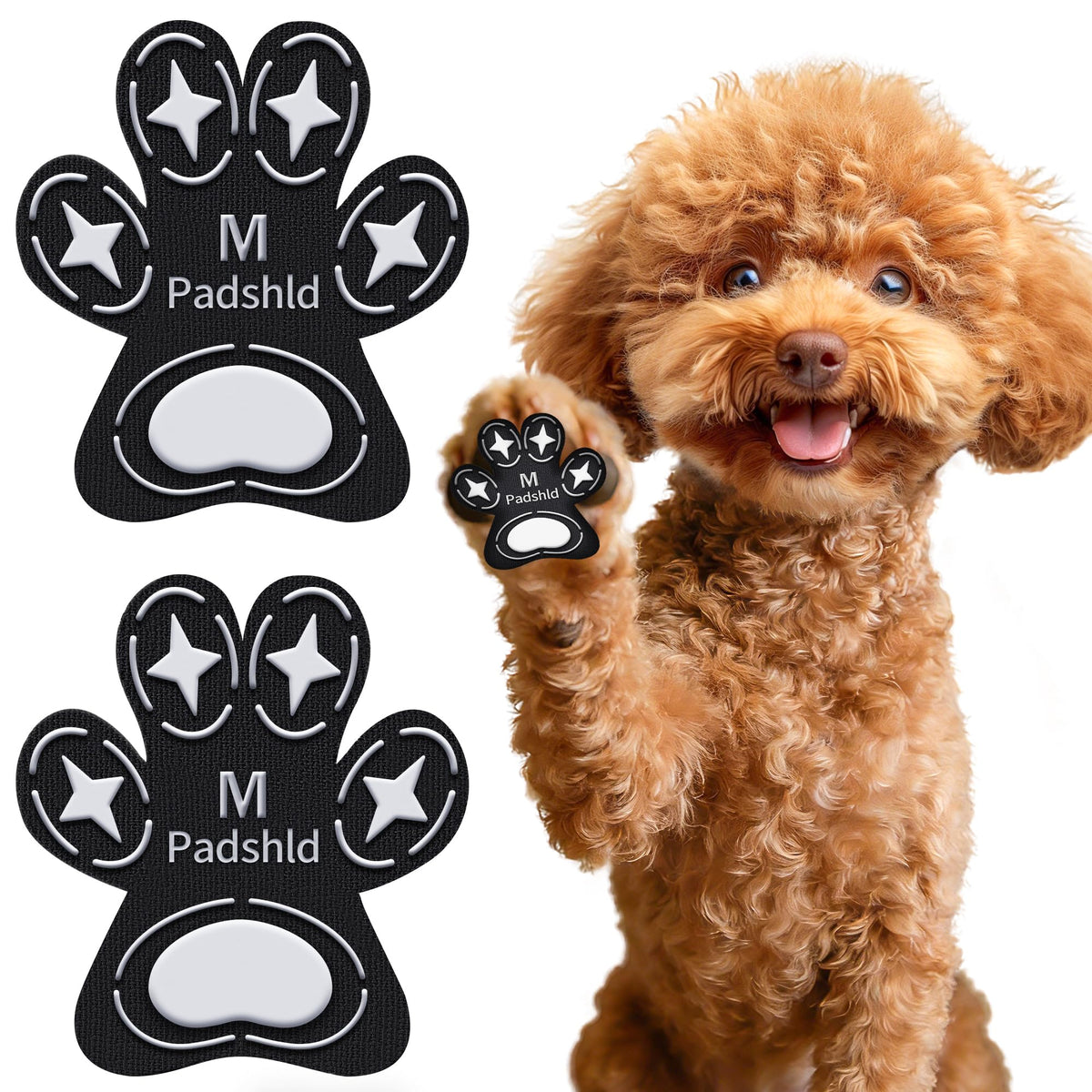 Padshld dog paw protectors with traction grips on hardwood floors for stable footing.