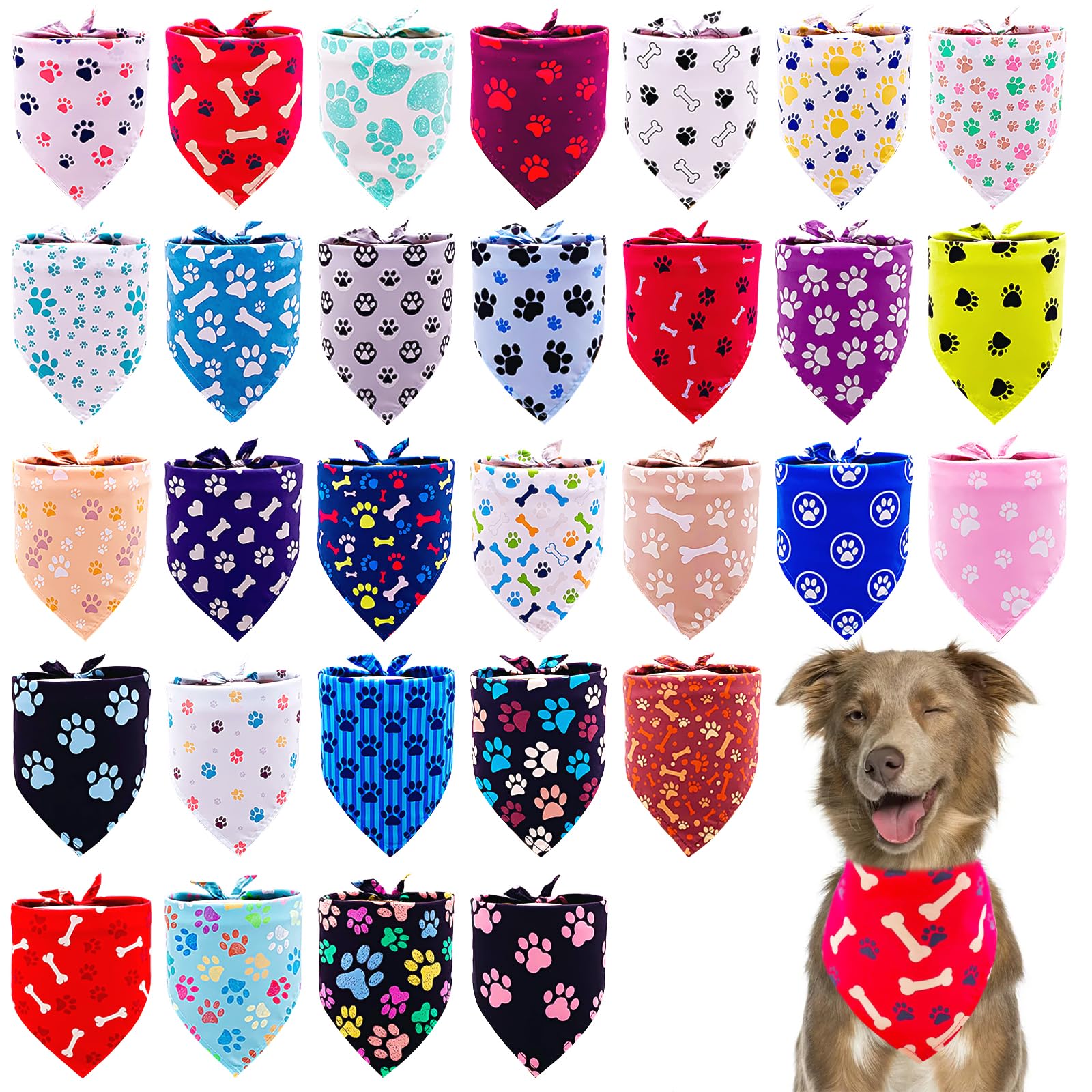 Pai Sence paw print bandana worn on a large dog for a cute, stylish look.