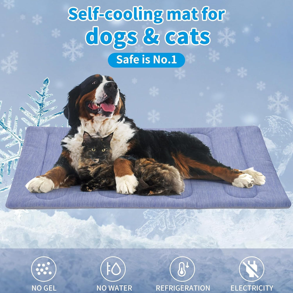 Large dog resting on PAIGTEK mat inside a car for on-the-go comfort.