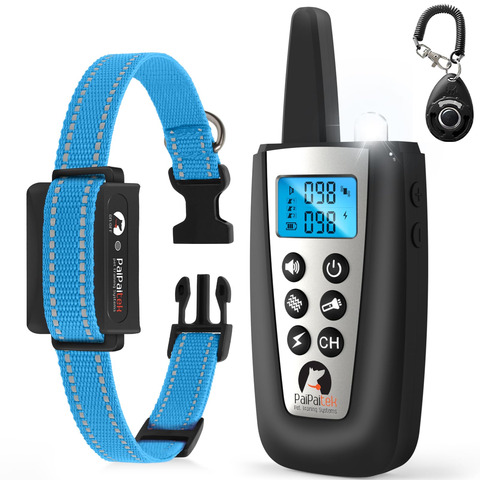 PaiPaitek dog bark collar with remote in action for controlled barking training.
