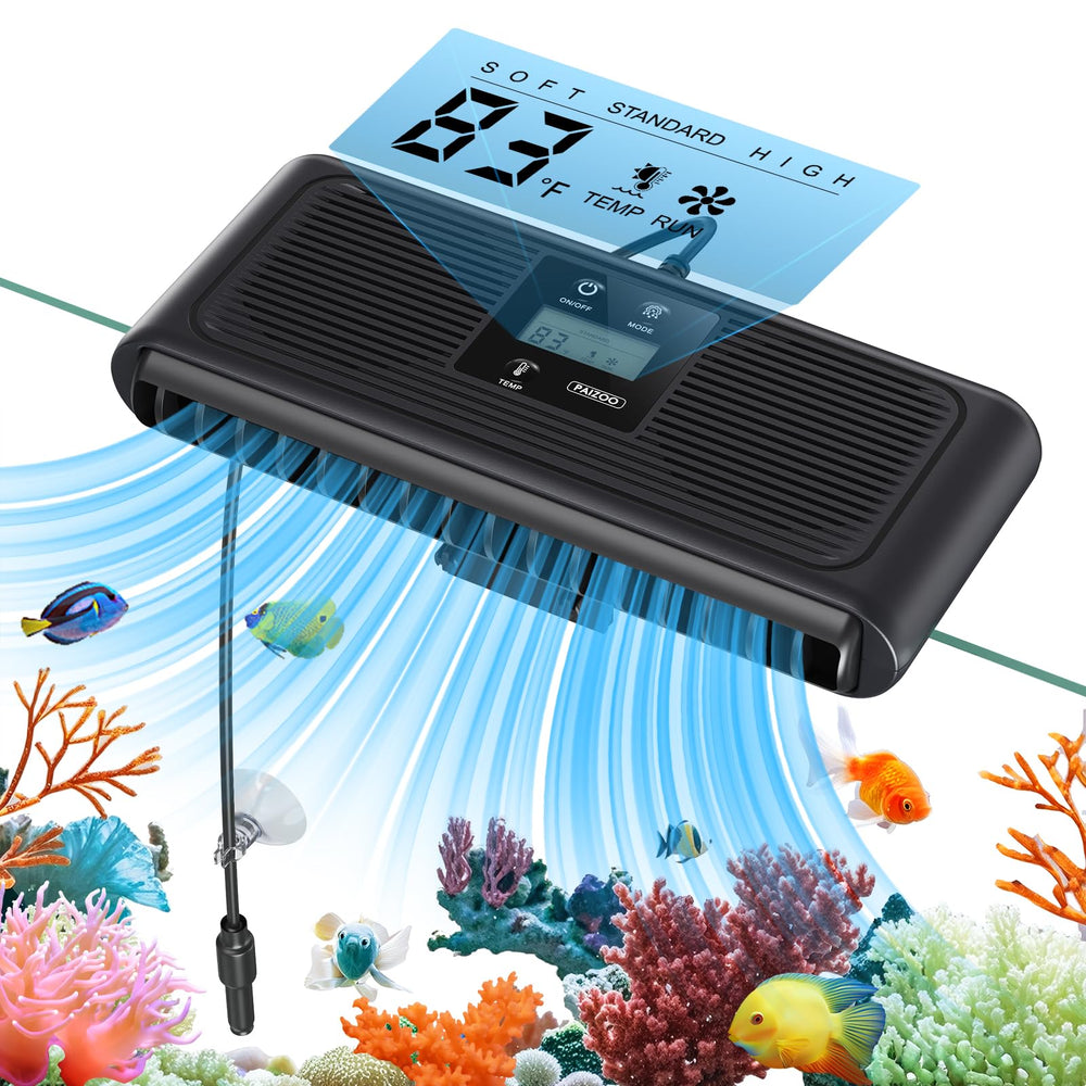 PAIZOO aquarium chiller fan front view showing compact 8.5-inch design for space-efficient placement