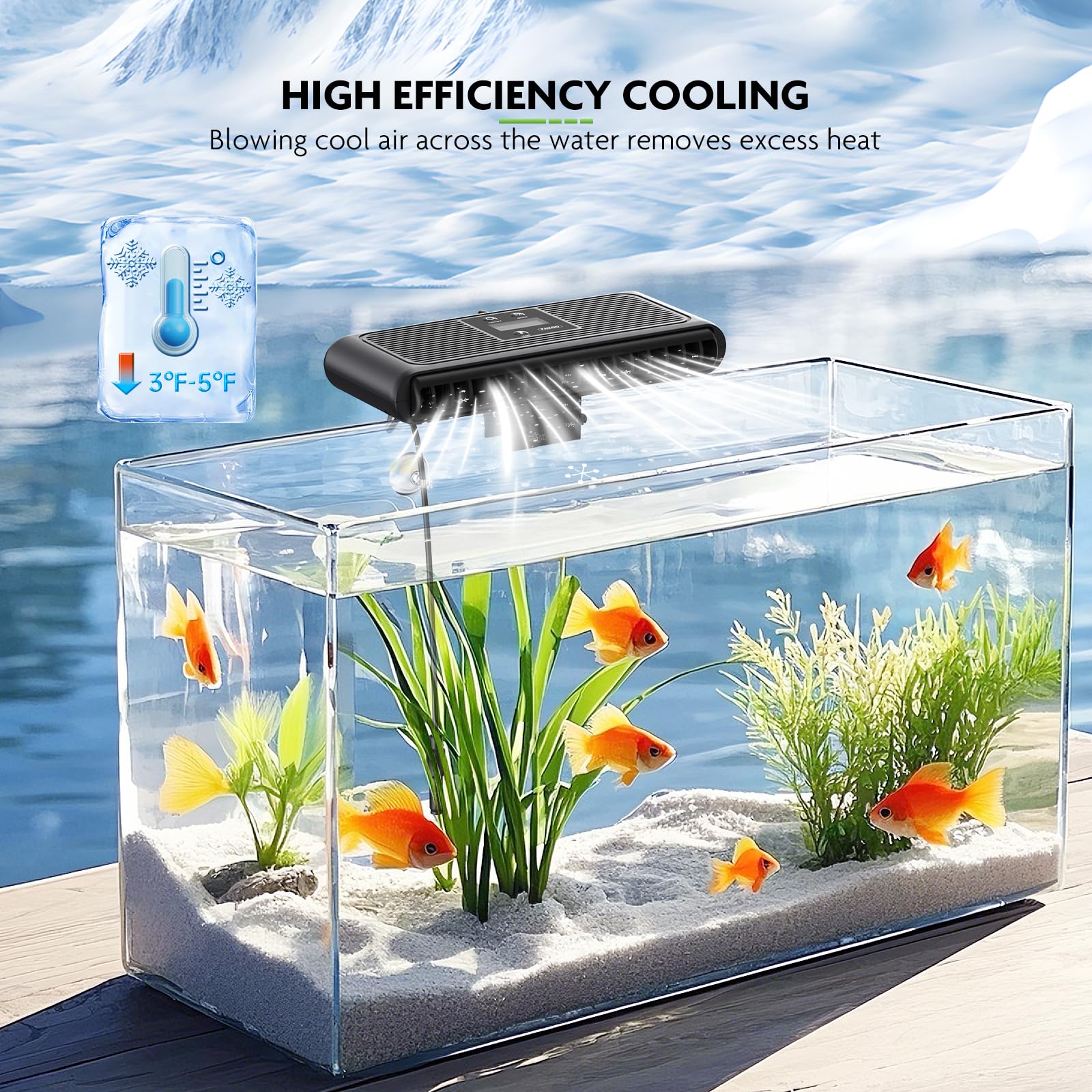 PAIZOO aquarium chiller fan LCD display showcasing real-time tank temperature readout