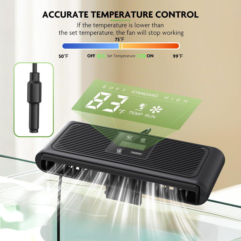 PAIZOO aquarium chiller fan temperature probe immersed in water for accurate readings