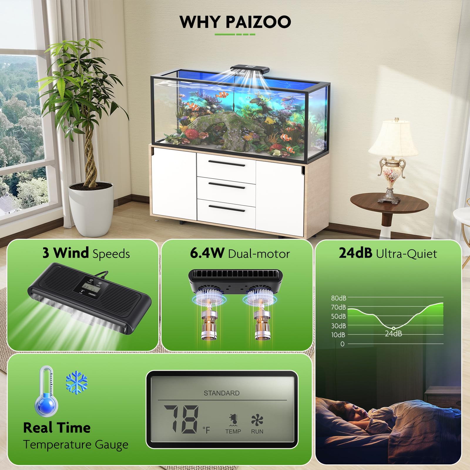 PAIZOO aquarium chiller fan three-speed modes for day and night versatility