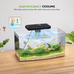 PAIZOO axolotl tank cooling fan showing adjustable 45-degree angle for flexible placement.
