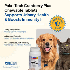 Pala Tech cranberry dog tablets pack highlighting easy daily urinary support.