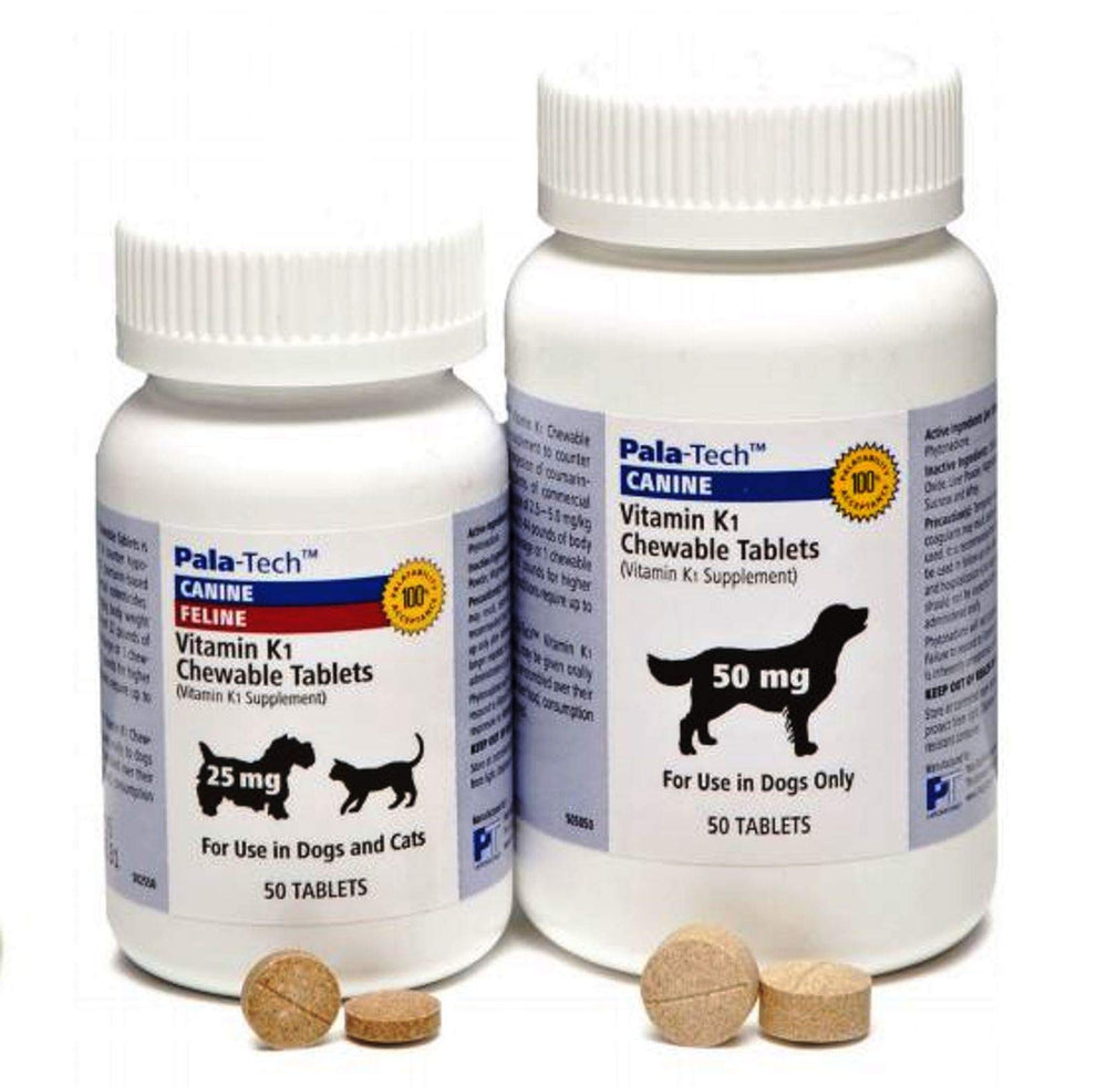 Pala-Tech K1 dog chewables front packaging with roast beef and liver flavor may support blood clotting.