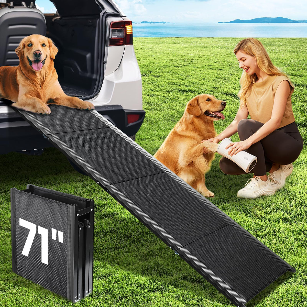 PALATALA dog ramp 71-inch length offers gentler incline for joint comfort.