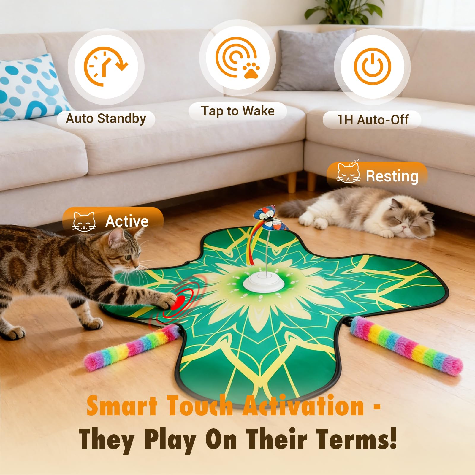 Paleclouds Cat Toy Mat goes to sleep after five minutes of activity to save energy.