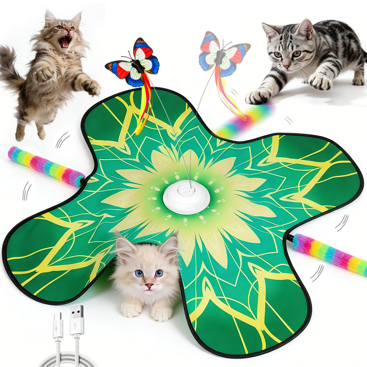 Paleclouds Hide and Seek Cat Toy Mat with fluttering butterfly for interactive play.