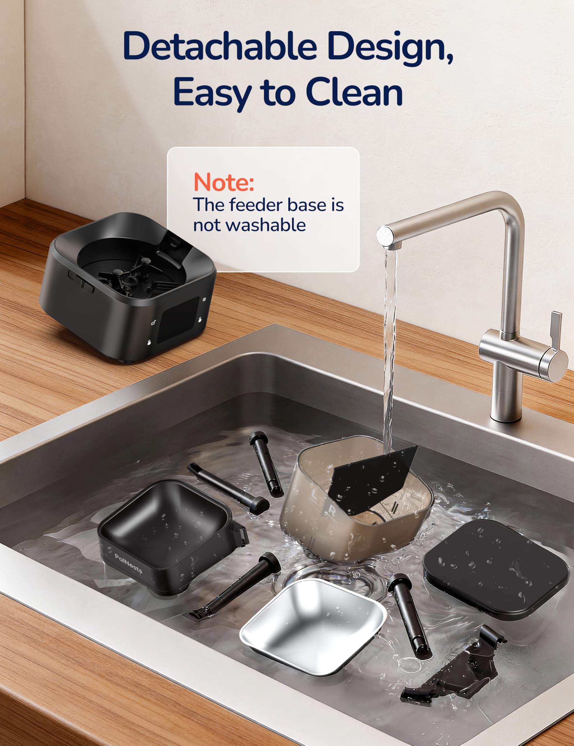 PalNests hygienic stainless steel bowl detached for easy cleaning.