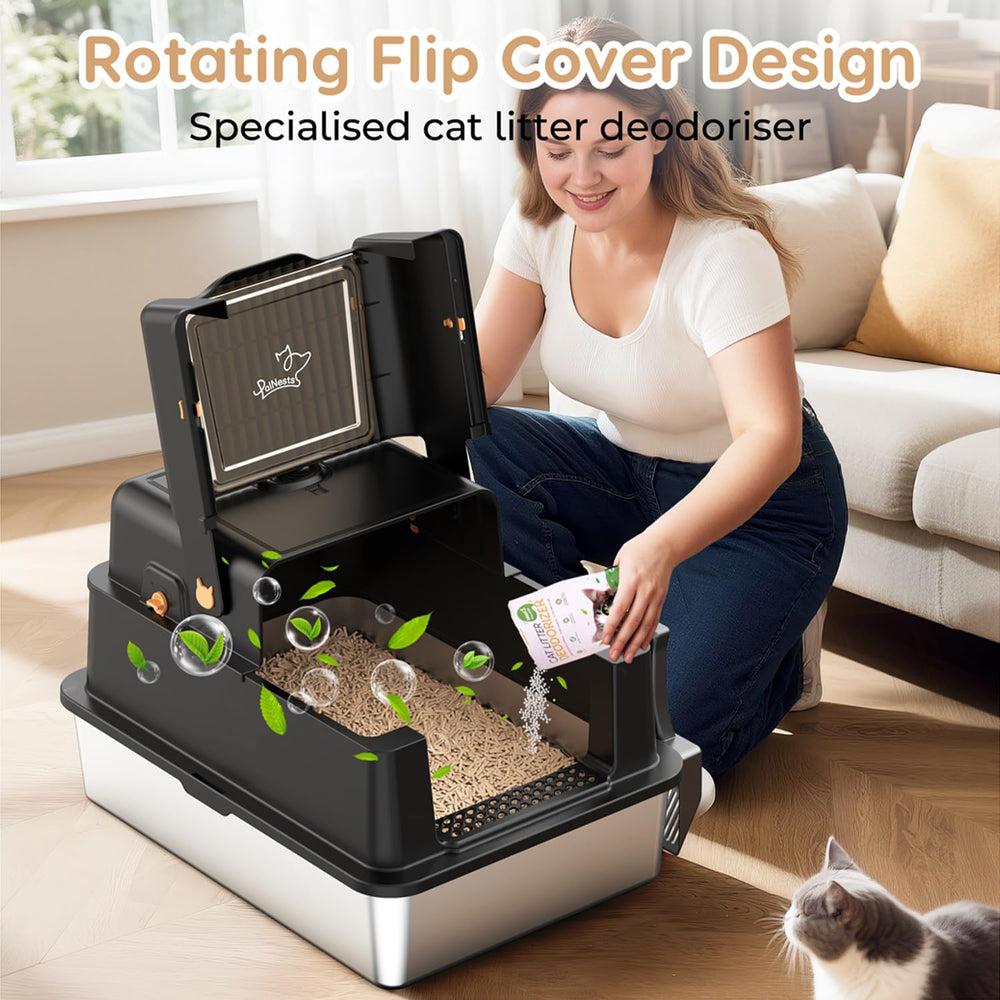 PalNests L8 Max-XXXL flip-top design makes cleaning quick and easy.