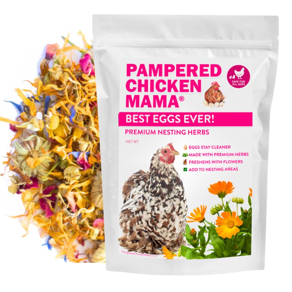 Pampered Chicken Mama nesting herbs bottle enhances coop aroma with a floral scent.