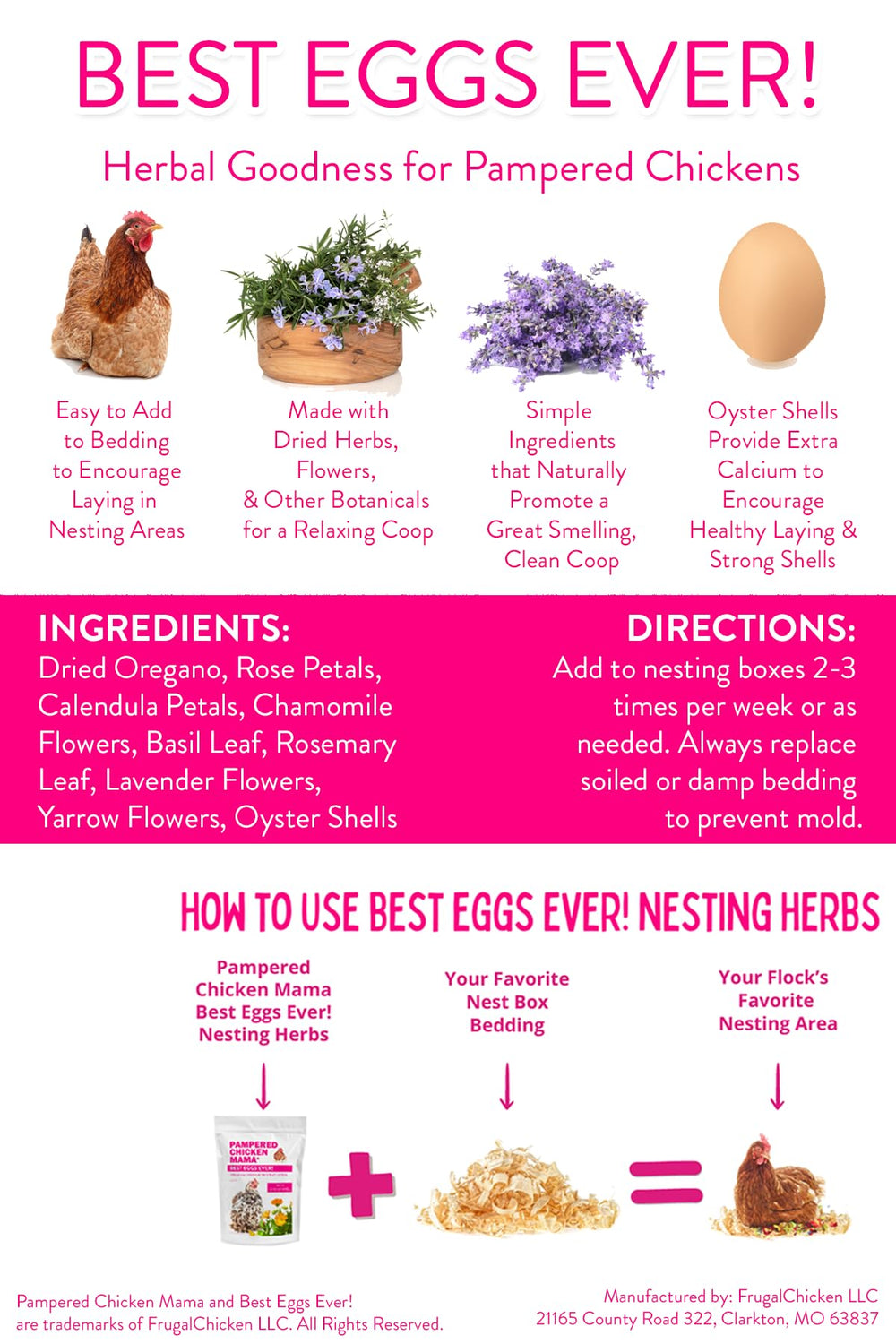 Pampered Chicken Mama coop-scene with floral scent inviting hens to nest.