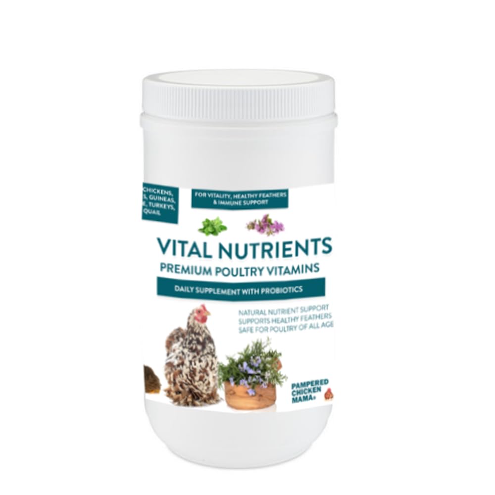 Pampered Chicken Mama Vital Nutrients bottle pour for easy poultry vitamin dosing.